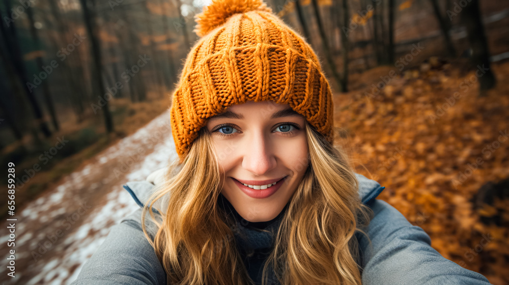 A happy, cheerful girl travels through the autumn forest and takes a selfie on her phone for social networks A happy, cheerful girl travels through the autumn forest and takes a selfie on her phone for social networks