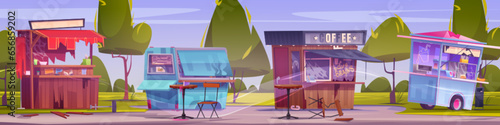 Street market with abandoned and broken food and drinks kiosks with mess, dust and cobweb. Cartoon vector illustration of closed and destroyed deserted and desolate festival or outdoor marketplace.