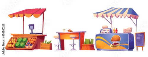 Street food market stalls with farm vegetables and fruits, hamburger fast eating and bar counter with high chairs. Cartoon vector illustration set of shop and trade kiosks for outdoor local funfair.