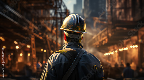 Oil refinery engineer, oil industry worker stands in front of a large chemical plant