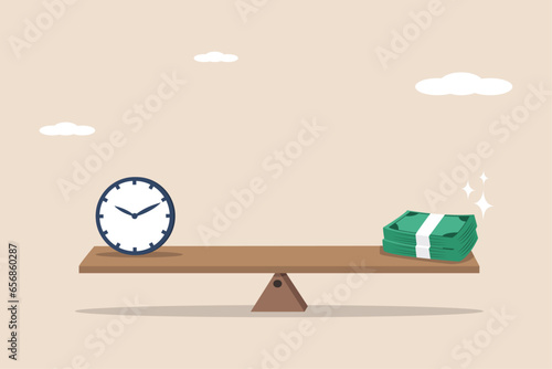 Time is money, precious time or not wasting precious seconds, the concept of work discipline, money and hours balanced on a seesaw or time is money.