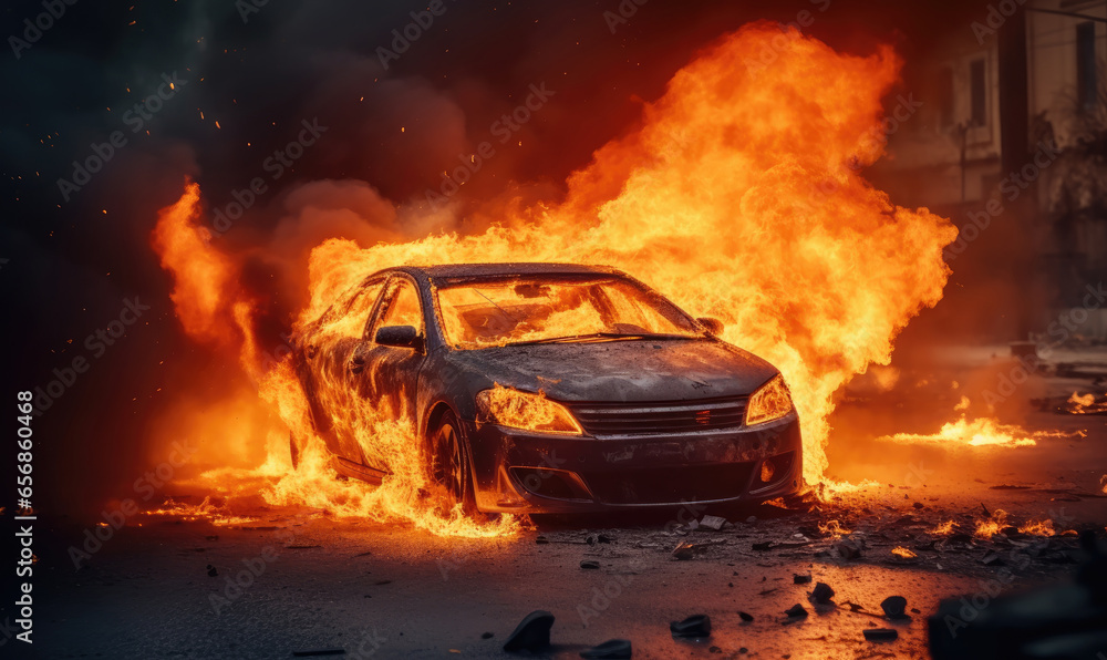 Burning car emitting thick smoke on a street. Burning car emitting thick smoke on a street.