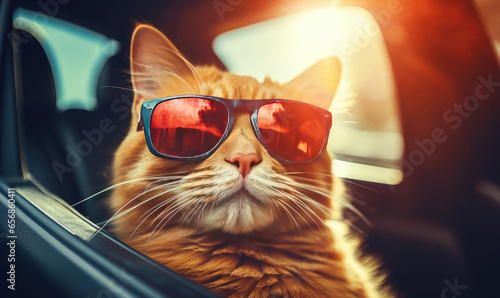 Fashionable feline in shades enjoys a leisurely moment in a sleek car. photo