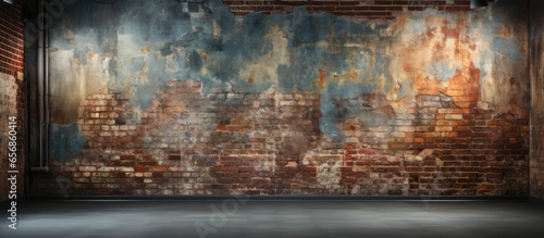 Grunge themed photo studio with brick wall and paper backdrop photo