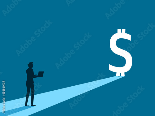 Financial opportunities. Businessman sees light at money door icon. Vector