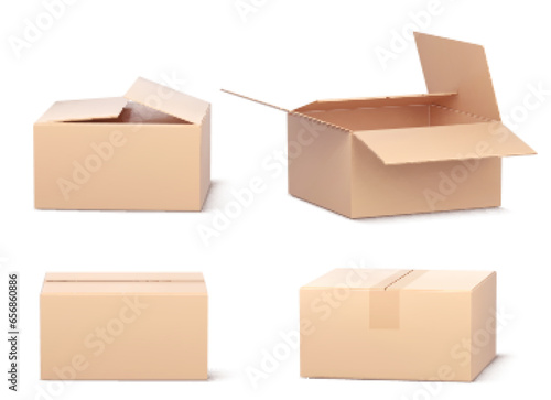 3D set of cardboard boxes isolated on white background. Vector realistic illustration of carton package for parcel delivery, closed and open packaging, product stored at warehouse, shopping order