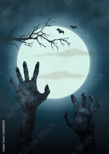Greeting card and poster Black silhouette of graveyards and devils hands in Halloween day horror night scene. Halloween greeting card in vector design.