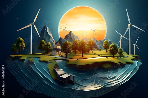 renewable energy background with green energy as wind turbines and solar panels. generative ai photo