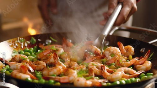 Close up of chef cooking paella with shrimps and vegetables