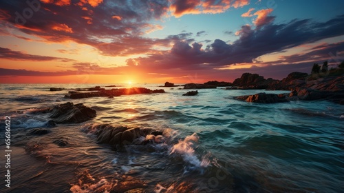 Sunrise over the sea with Panorama of beautiful clouds in the sky