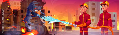 Two male firefighters in uniforms and helmets extinguish fire in city with water from hose. Cartoon vector illustration of quick response service to emergency and disaster. Firemen department at work.