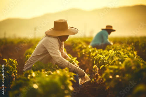 Brazilian farmer workers working at coffee plantation