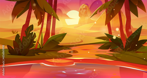 Egyptian desert landscape with oasis during sunrise or sunset. Cartoon vector landscape with lake and palm trees on skyline with pyramids and sphinx in sand. Summer african scene with ancient town.