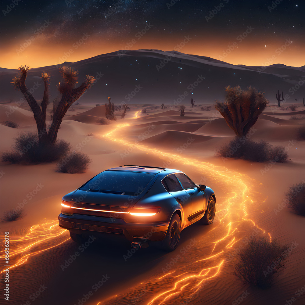 A car driving at night on a road through a desert area. Stable Diffusion XL