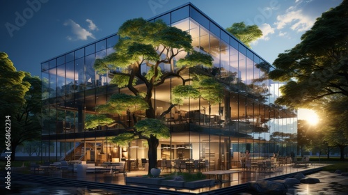 green building concept: Glass office building with trees to reduce carbon dioxide. Environmentally friendly for city environments photo