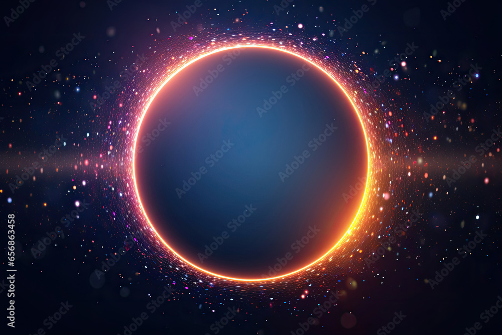 Abstract background with shining micro particles with the circle in the center