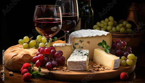 Wine, cheese and cured meats on a wooden tray. Grapes, nuts and fresh bread complete the still life. Interior wallpaper