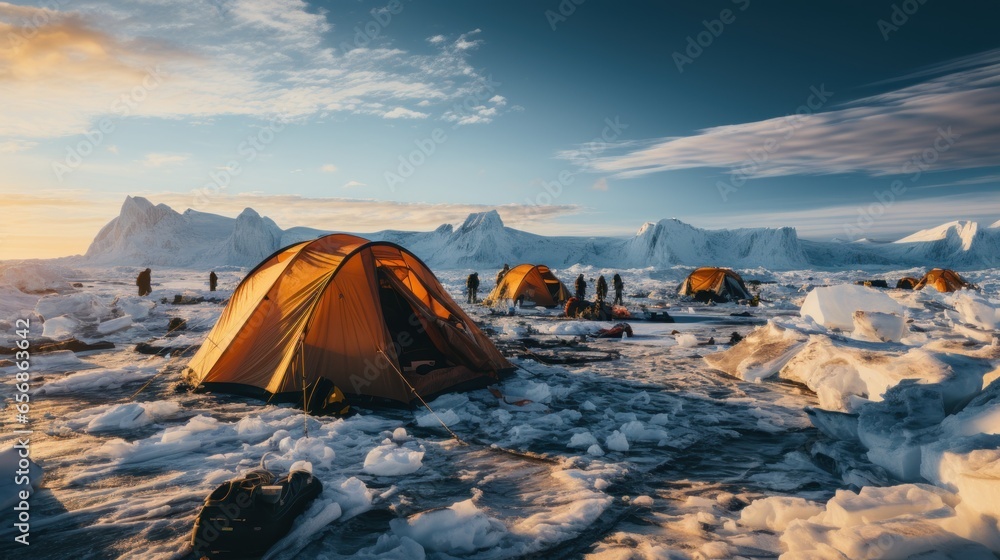 camp in the morning in the snowy ice mountains