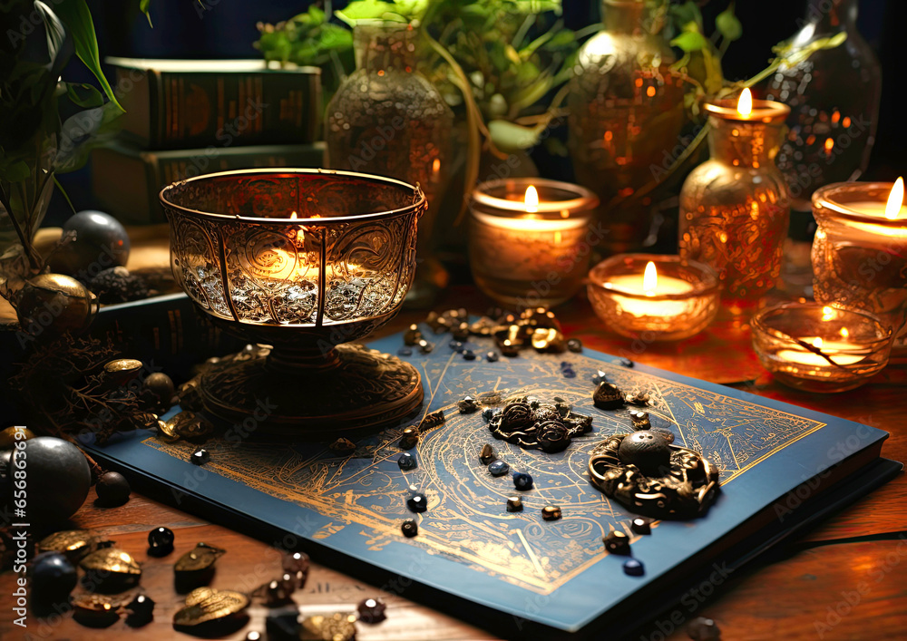 Magic attributes for fortune telling and witchcraft close up Magic attributes for fortune telling and witchcraft close up