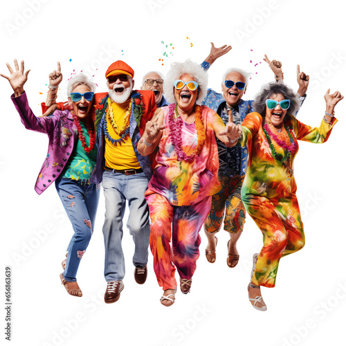 Elderly people in colorful vintage fashion clothes are having fun.