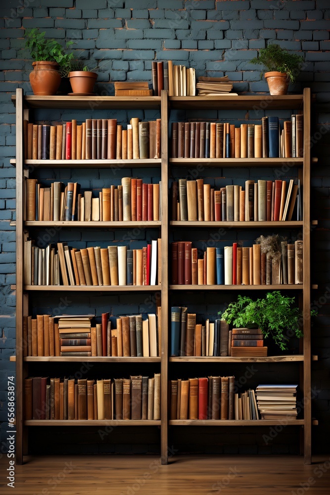 Bookshelf filled with lots of books next to brick wall. - obrazy, fototapety, plakaty 