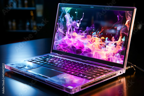 Laptop with colorful smoke on it sitting on table.