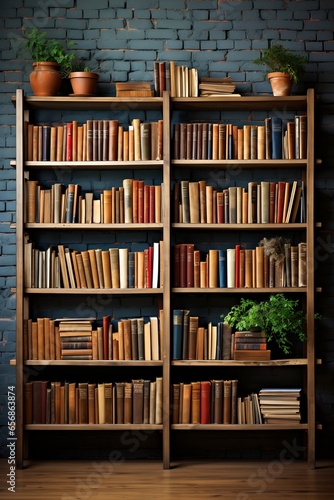 Bookshelf filled with lots of books next to brick wall.