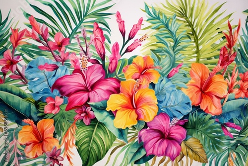 An intricate tropical motif showcasing retro-style flowers in watercolor. Generative AI