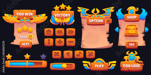 Egyptian game user interface elements and buttons. Cartoon vector illustration set of ui menu and bar badges with ancient Egypt traditional decorative golden items with scarab, eye and dog symbols.