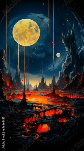 Image of alien landscape with full moon in the background.
