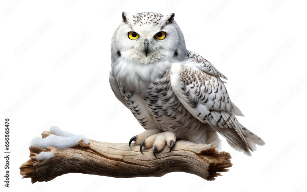 Sitting Snowy Owl On Branch of Tree on White Transparent Background. Sitting Snowy Owl On Branch of Tree on White Transparent Background.