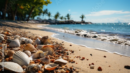 View of sandy beach with shells and palm trees on blur background