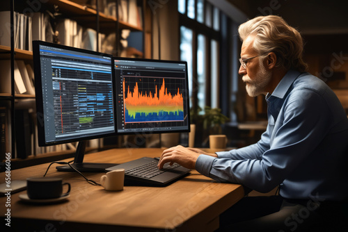 Man sitting at desk with computer and laptop. © valentyn640