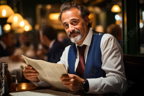 Man in vest and tie reading newspaper at table.