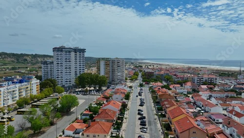 Drone shot of Avenida Dom Sebastiao in Costa Da Caparica. photo