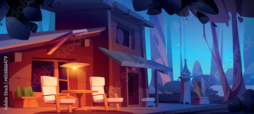 House building terrace with light at night scene illustration. Home backyard with table and chair outside. Courtyard architecture at nighttime. Summer nature and cozy residential cottage in evening