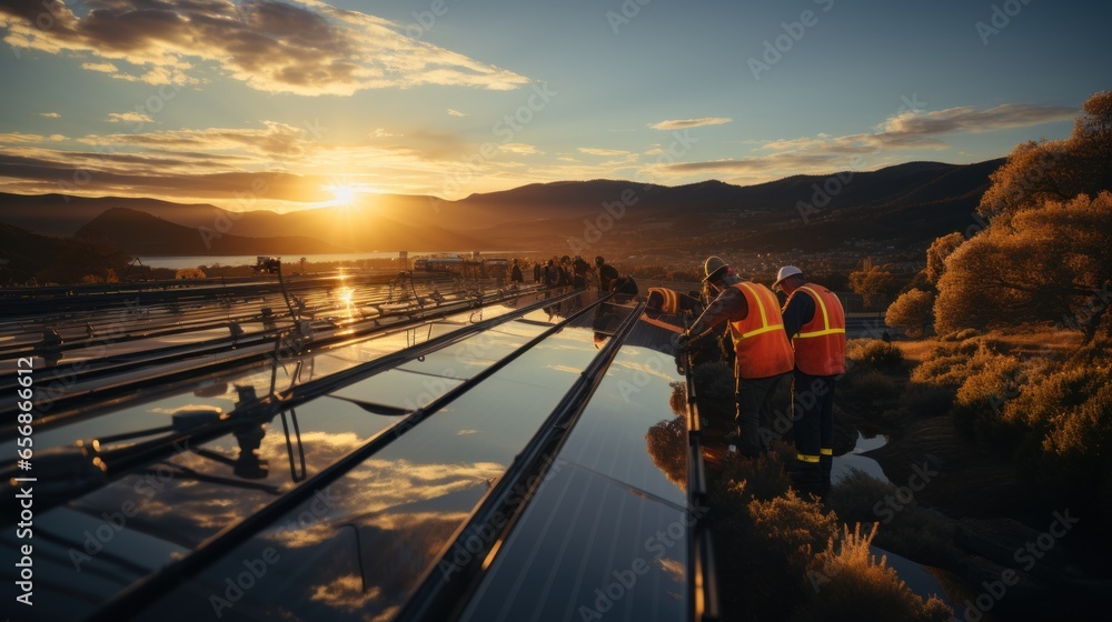 technician arranges solar cells to form solar panels on production line outdoors with sunset view - obrazy, fototapety, plakaty 