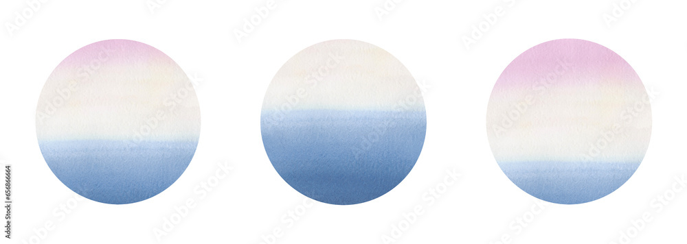 A set of watercolor circles in pastel shades isolated on a white background, hand-drawn. Pink and blue watercolor spots with a gradient. Elements for design and decoration with space for text. A set of watercolor circles in pastel shades isolated on a white background, hand-drawn. Pink and blue watercolor spots with a gradient. Elements for design and decoration with space for text.