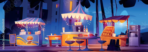 Night fair street food market on city festival vector. Outdoor booth stall with local vendor seller in summer park. Cartoon panorama background with urban awning marketplace and burger kiosk concept.