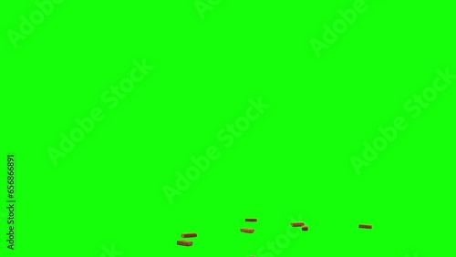 Sliding bricks, two bricks sliding in from left-top side of the screen and scattering on imaginary flat surface, green screen background, animation overlay video for chroma key transparent option. photo