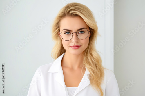 Woman wearing glasses and white shirt is posing for picture.