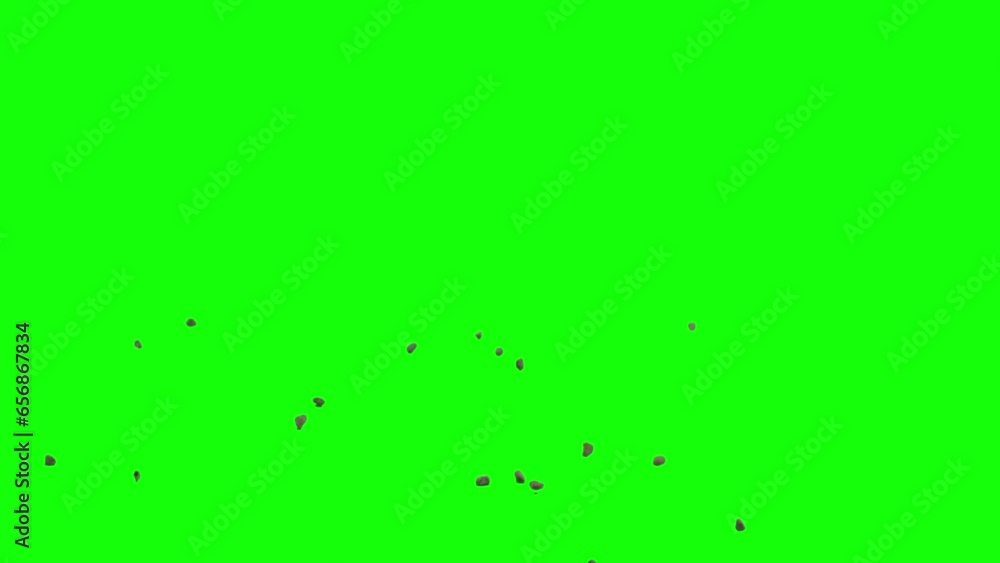 Falling rocks debris, tiny pieces of stone rocks falling from left side of the screen and scattering on imaginary flat surface, green screen background, animation overlay for chroma key blending. Falling rocks debris, tiny pieces of stone rocks falling from left side of the screen and scattering on imaginary flat surface, green screen background, animation overlay for chroma key blending.