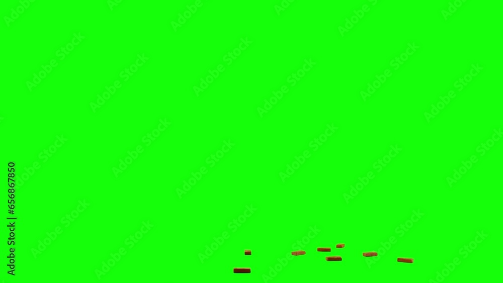 Bulk of bricks sliding in from left side of the screen and scattering on imaginary flat surface, green screen background, animation overlay video for chroma key blending transparent option. Bulk of bricks sliding in from left side of the screen and scattering on imaginary flat surface, green screen background, animation overlay video for chroma key blending transparent option.