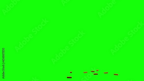 Bulk of bricks sliding in from left side of the screen and scattering on imaginary flat surface, green screen background, animation overlay video for chroma key blending transparent option. photo