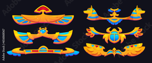 Egyptian game ui design elements isolated on black background. Vector cartoon illustration of golden borders decorated with scarab, anubis, wings, and gem stones, antique pharaoh tomb treasure