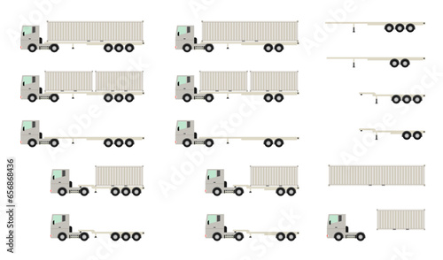 海上コンテナを輸送するトラック・セミトレーラーのベクターイラストセット