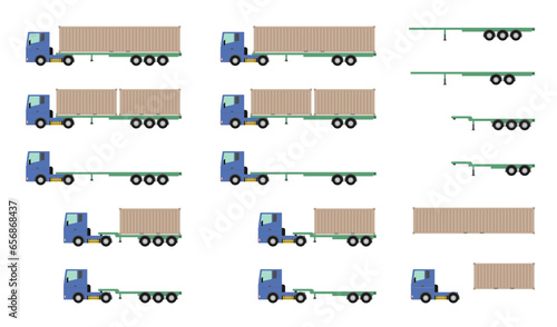 大型トラックのベクターイラストセット。青い車体のセミトレーラー。海上コンテナを輸送する車体と色々な種類のシャーシのコレクション。
