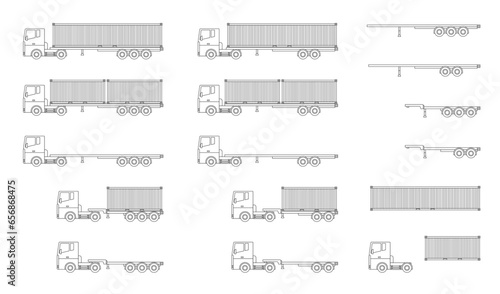 大型トラックのベクターイラストセット。線画のセミトレーラー。海上コンテナを輸送する車体と色々な種類のシャーシのコレクション。
