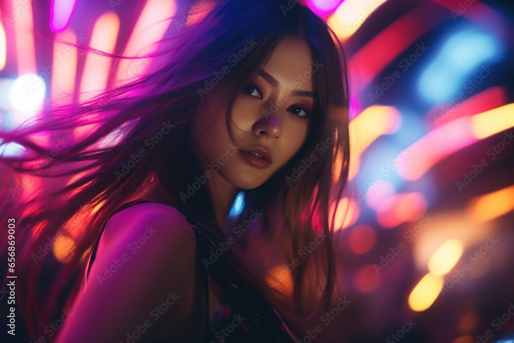 Portrait of a beautiful young asian woman with long hair in night club Portrait of a beautiful young asian woman with long hair in night club