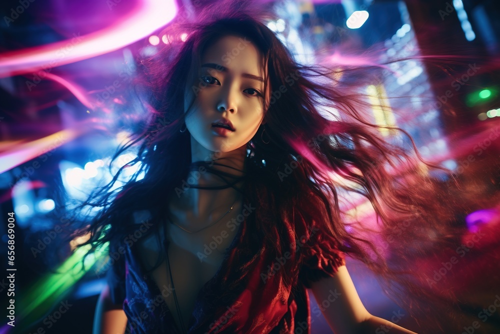 Portrait of a beautiful young asian woman with long hair in night club Portrait of a beautiful young asian woman with long hair in night club